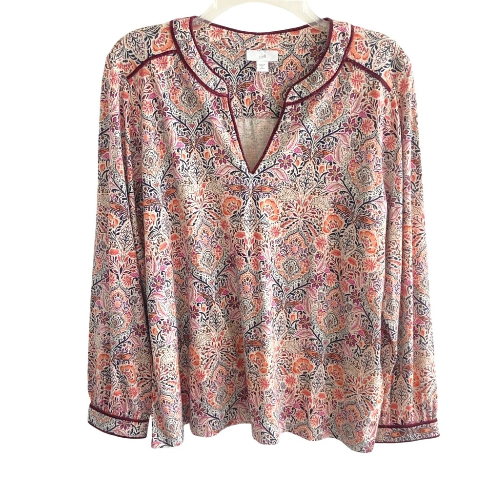 J. Jill Paisley Split V-Neck Tunic Blouse Orange Pink Velvet Trim Medium Petite